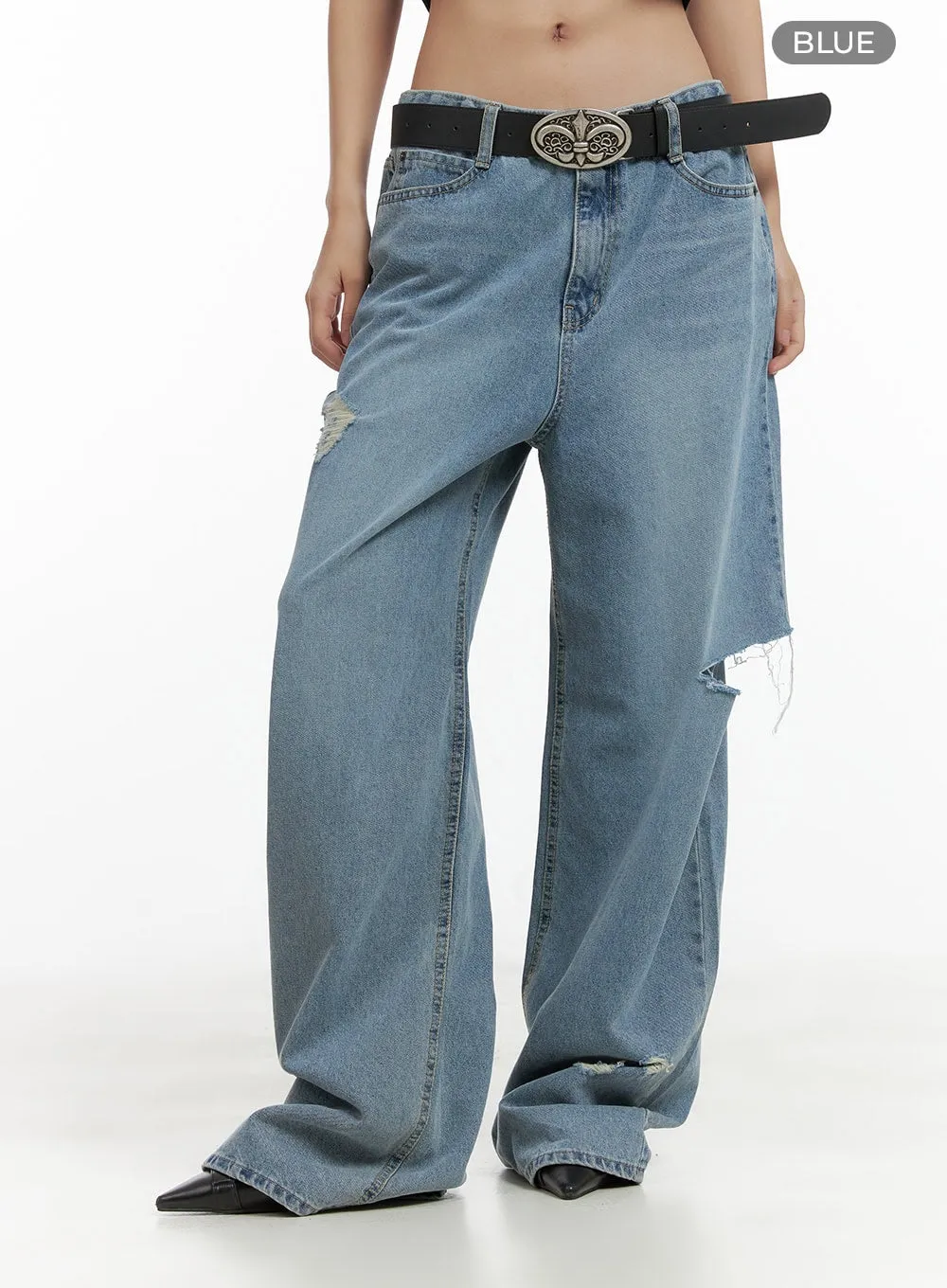 Distressed Cut-Out Wide Leg Jeans CL417