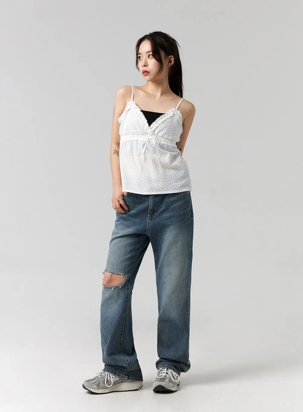 Distressed Washed Wide Leg Jeans CG316