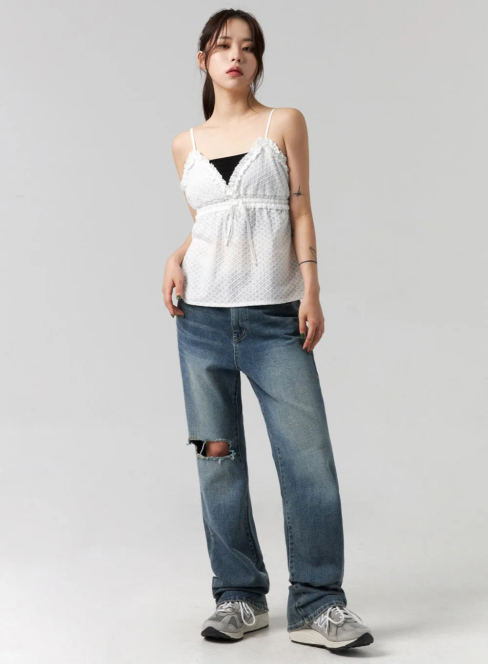 Distressed Washed Wide Leg Jeans CG316