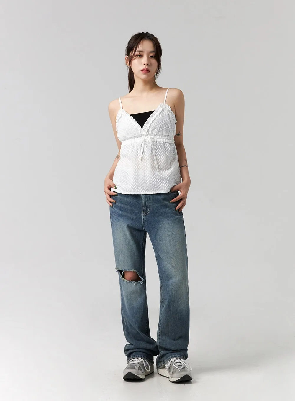 Distressed Washed Wide Leg Jeans CG316