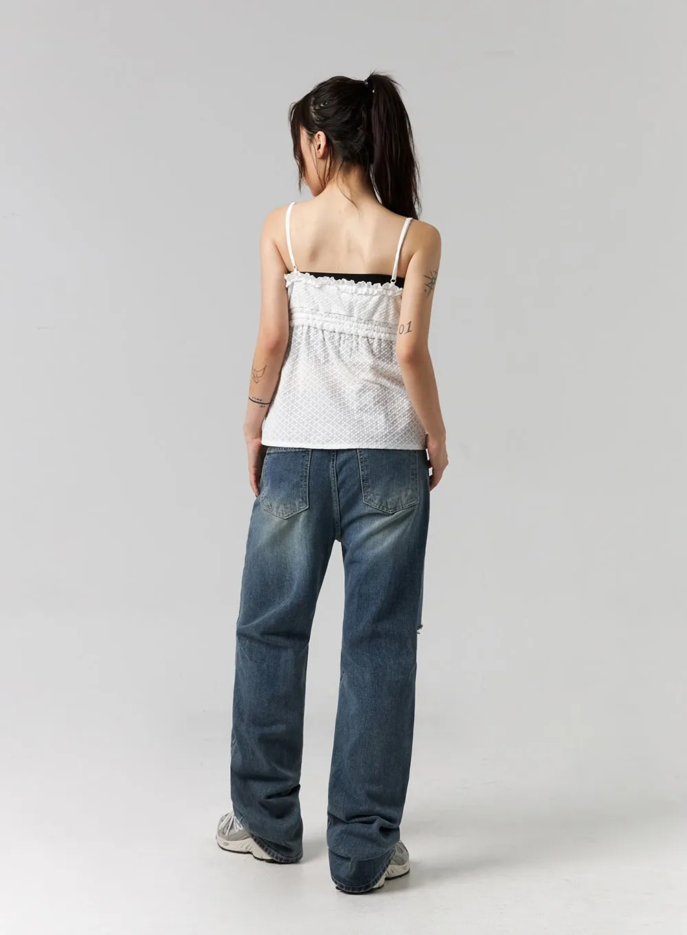 Distressed Washed Wide Leg Jeans CG316