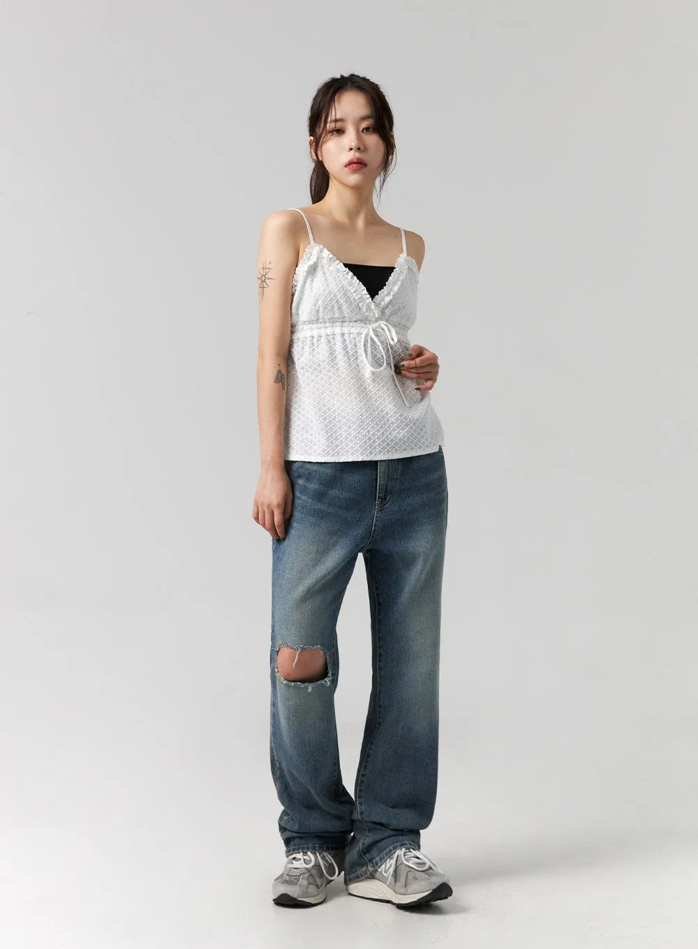 Distressed Washed Wide Leg Jeans CG316