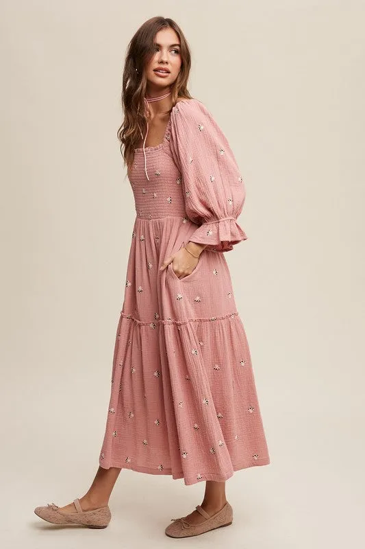 Ditzy Floral Embroidery Puff Sleeve Maxi Dress