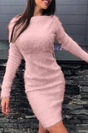 Fuzzy O Neck Long Sleeve Bodycon Sweater Dress