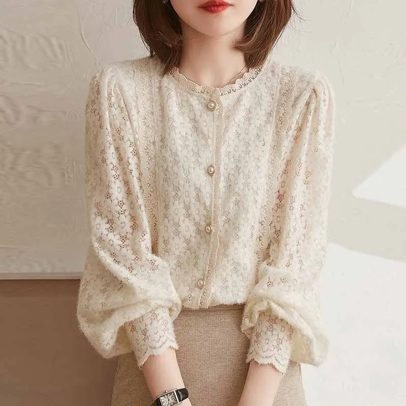 Graduation Gifts   Elegant Lace Crochet Women's Blouse Sweet Autumn Vintage Flowers Button Shirt O Neck Casual Loose Long Sleeve Blouses Tops 16619