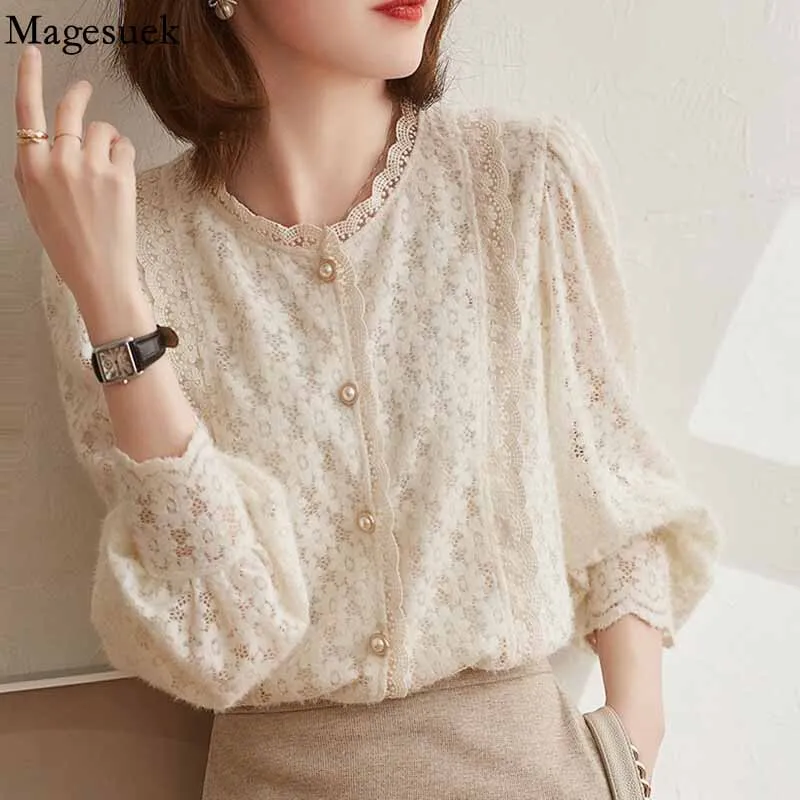 Graduation Gifts   Elegant Lace Crochet Women's Blouse Sweet Autumn Vintage Flowers Button Shirt O Neck Casual Loose Long Sleeve Blouses Tops 16619