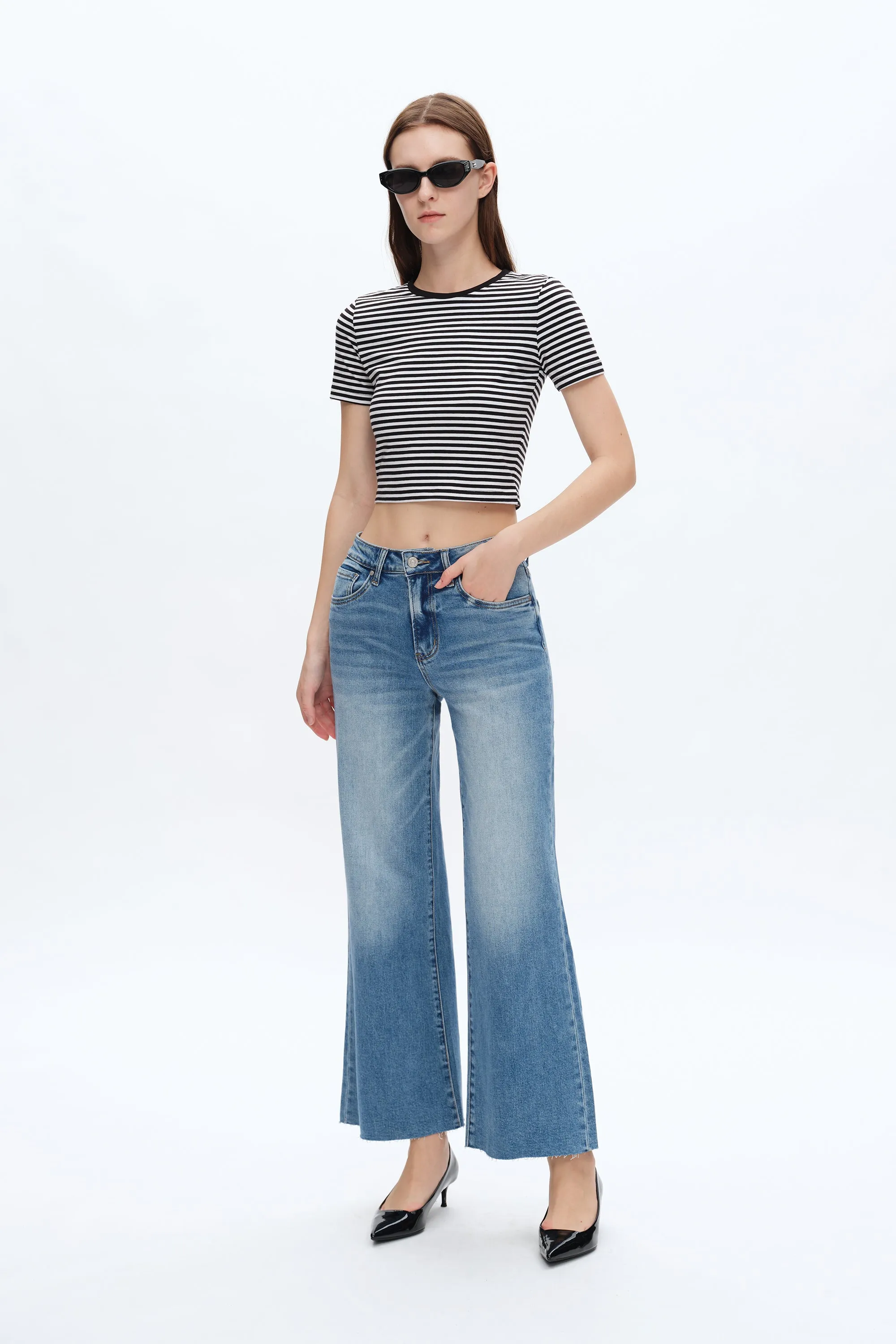 High Rise Wide Leg Denim Jeans With Raw Hem