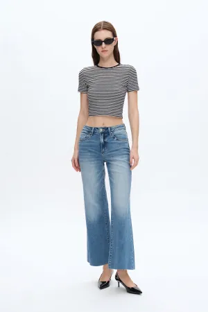 High Rise Wide Leg Denim Jeans With Raw Hem