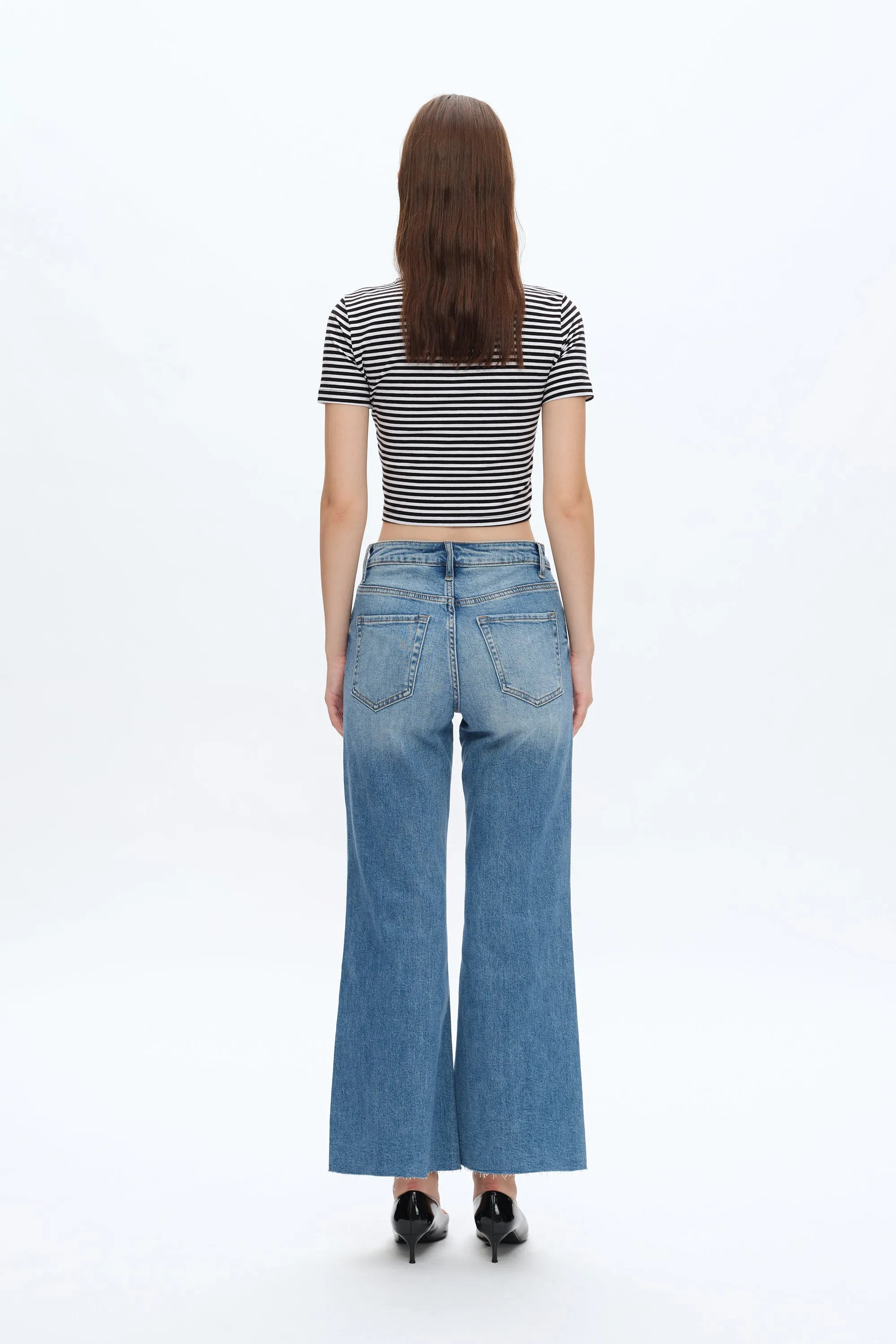 High Rise Wide Leg Denim Jeans With Raw Hem