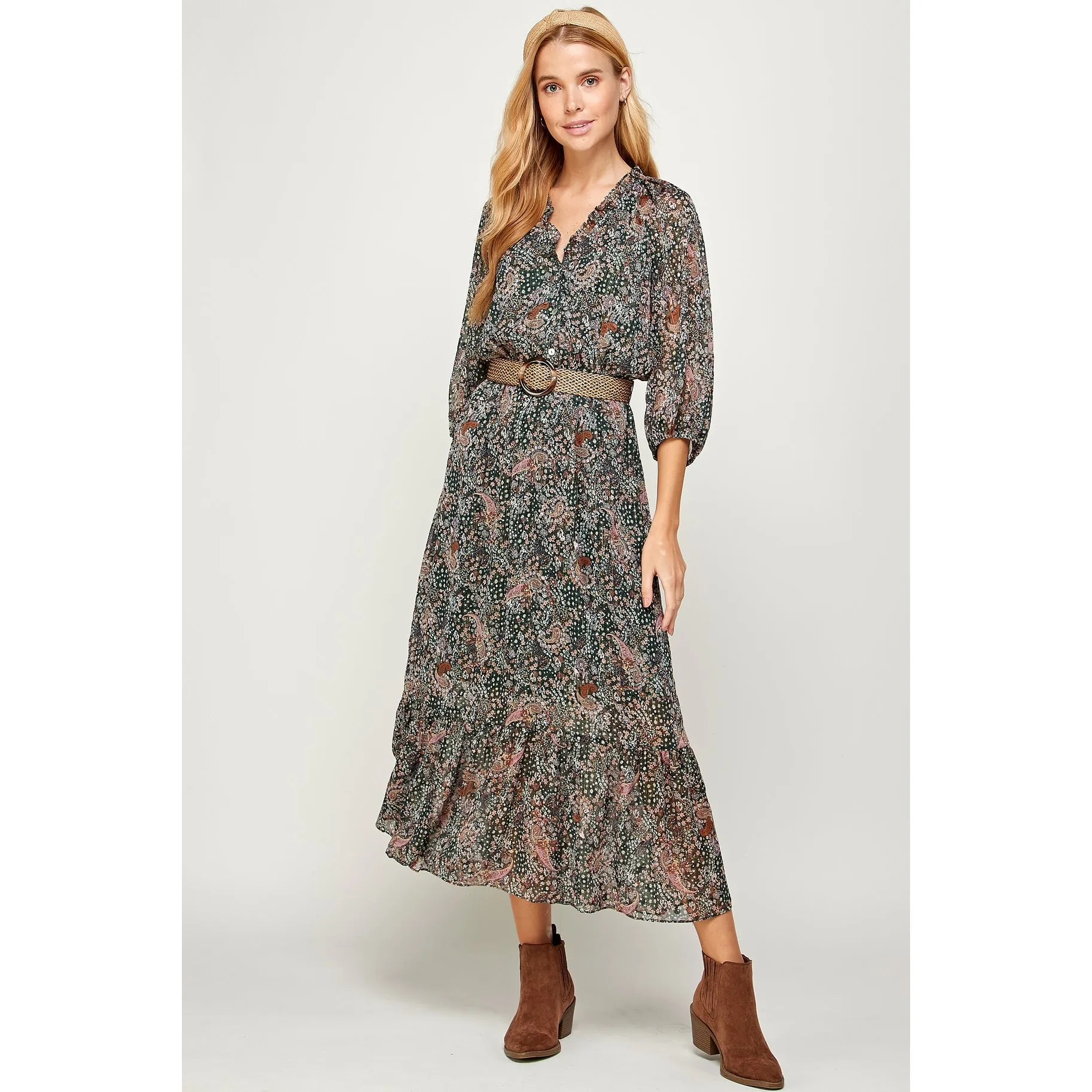 Hunter Green Floral Paisley Midi Dress