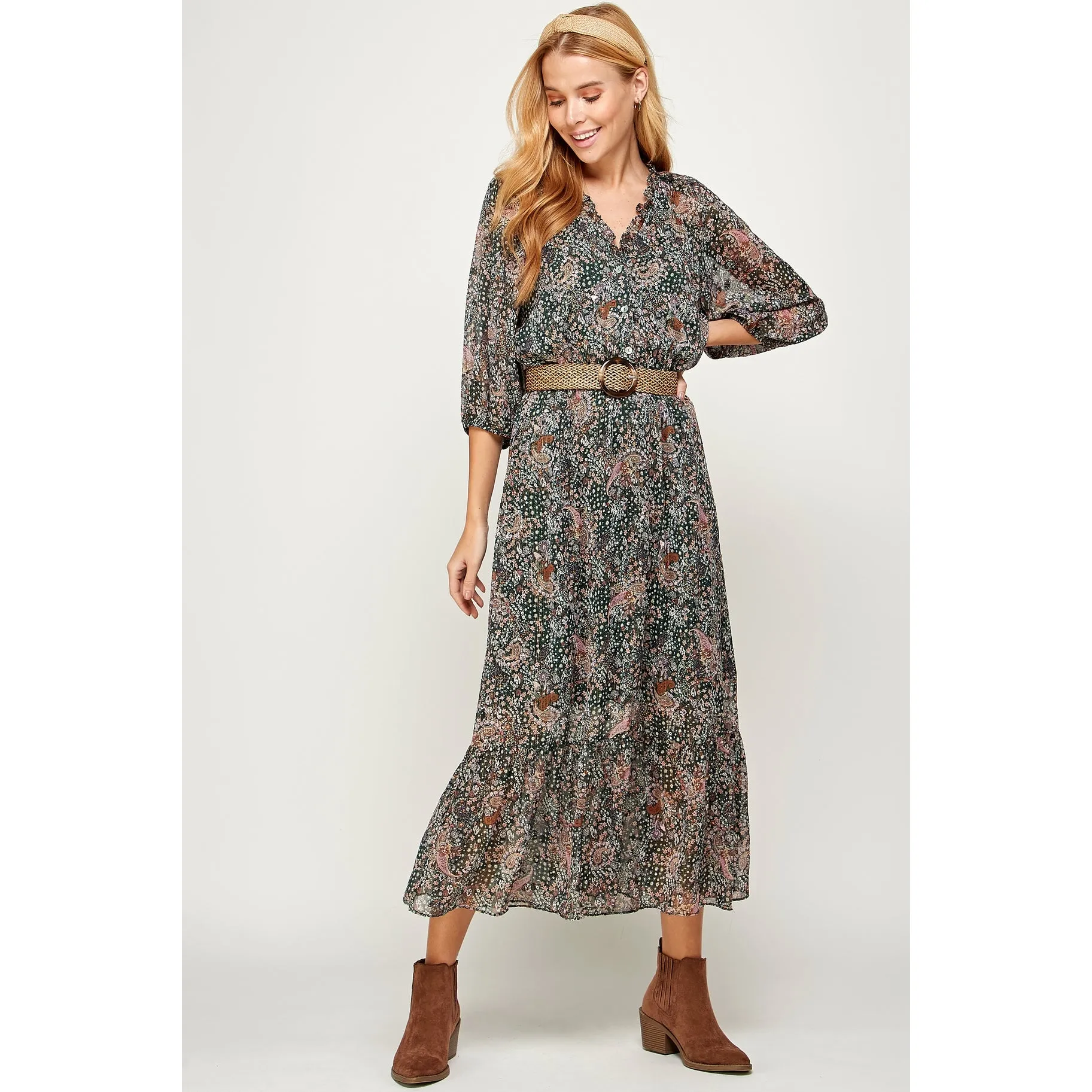 Hunter Green Floral Paisley Midi Dress