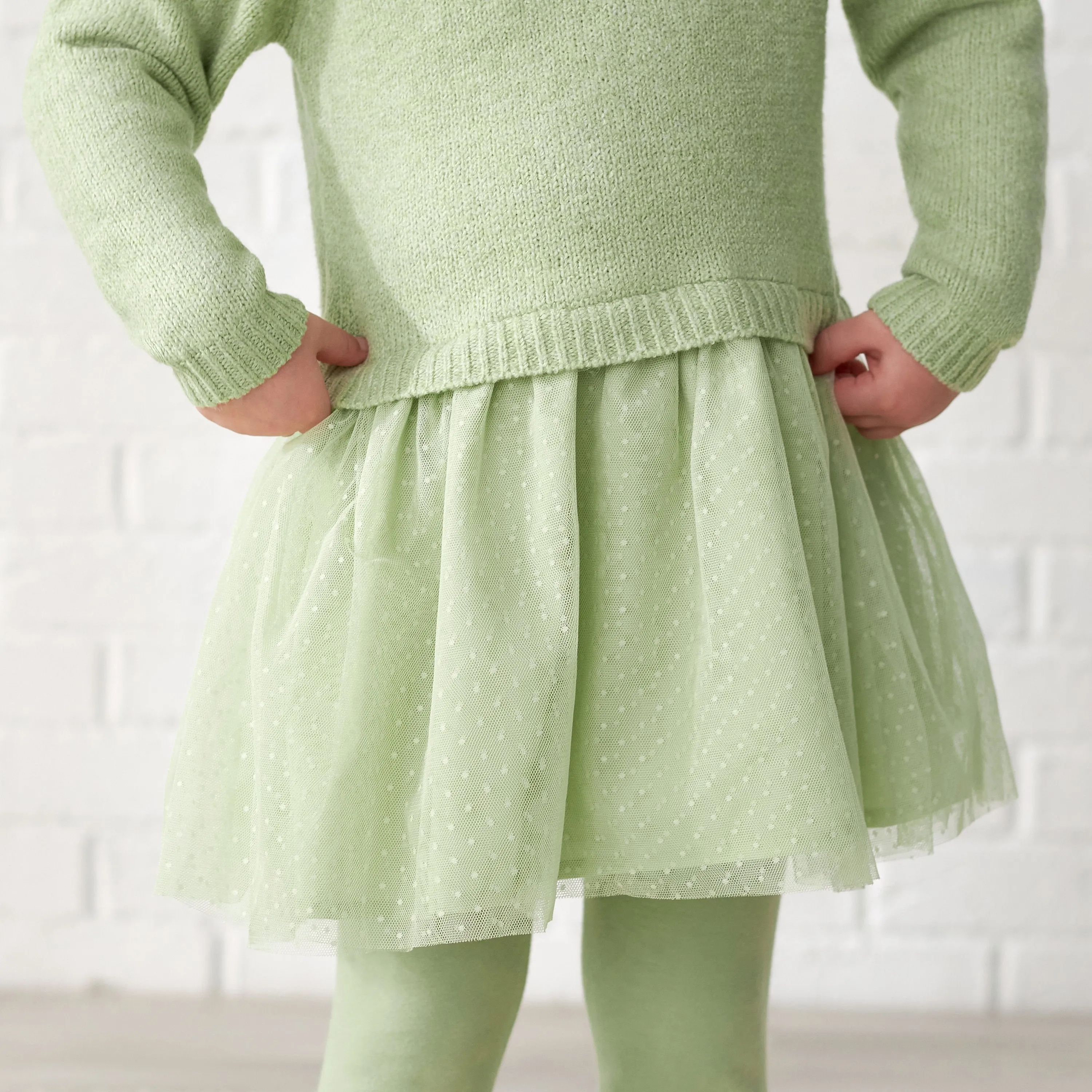 Infant & Toddler Girls Green Sweater Dress With Tulle Skirt