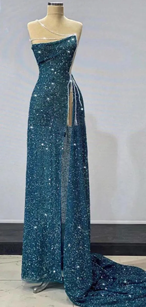 kamahe Gorgeous Teal Sheath High Slit Maxi Long Prom Dresses,Evening Dresses