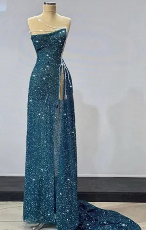 kamahe Gorgeous Teal Sheath High Slit Maxi Long Prom Dresses,Evening Dresses