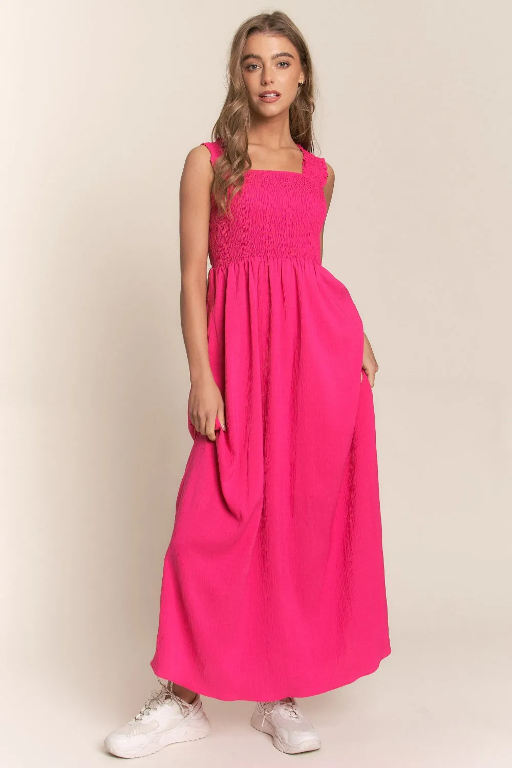 KESLEY Casual Dress Hot Pink Texture Criss Cross Back Tie Smocked Maxi Dress New Women's Fashion