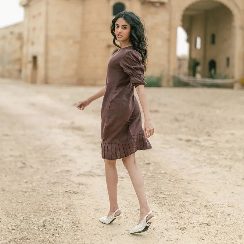 Linen Mini Dress for Women | Wine | Pleated Hemline