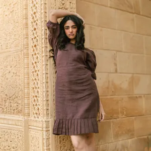 Linen Mini Dress for Women | Wine | Pleated Hemline