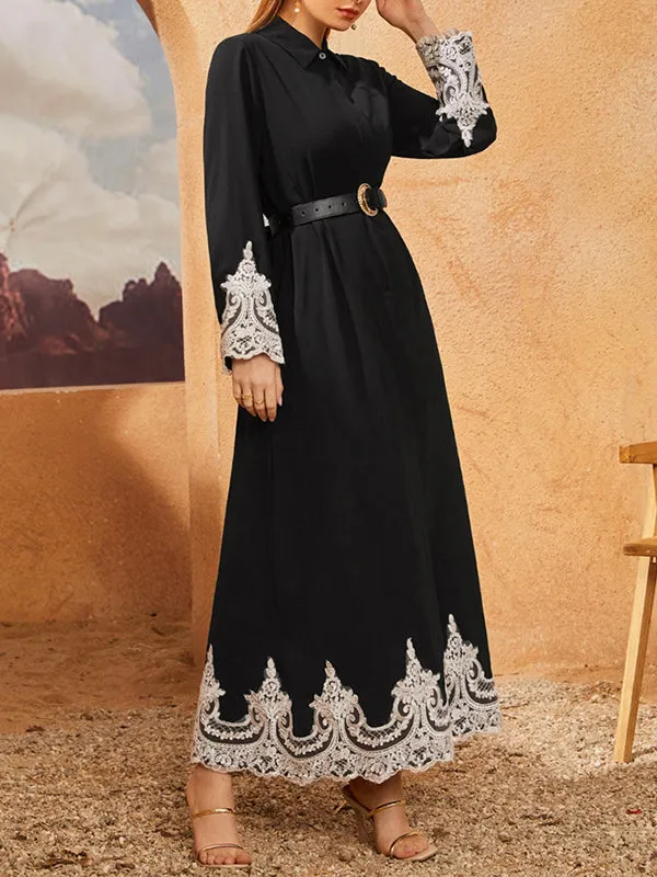 Long Sleeves Loose Buttoned Embroidered Lapel Maxi Dresses