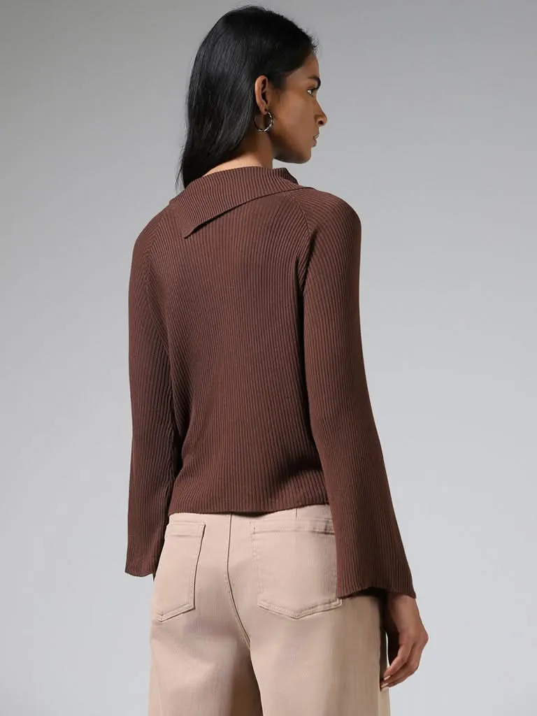 LOV Chocolate Brown Asymmetrical Flap Collar Sweater