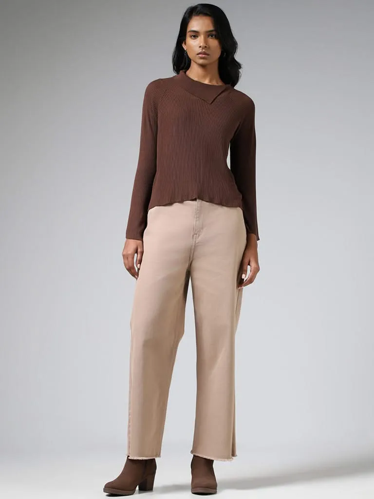 LOV Chocolate Brown Asymmetrical Flap Collar Sweater