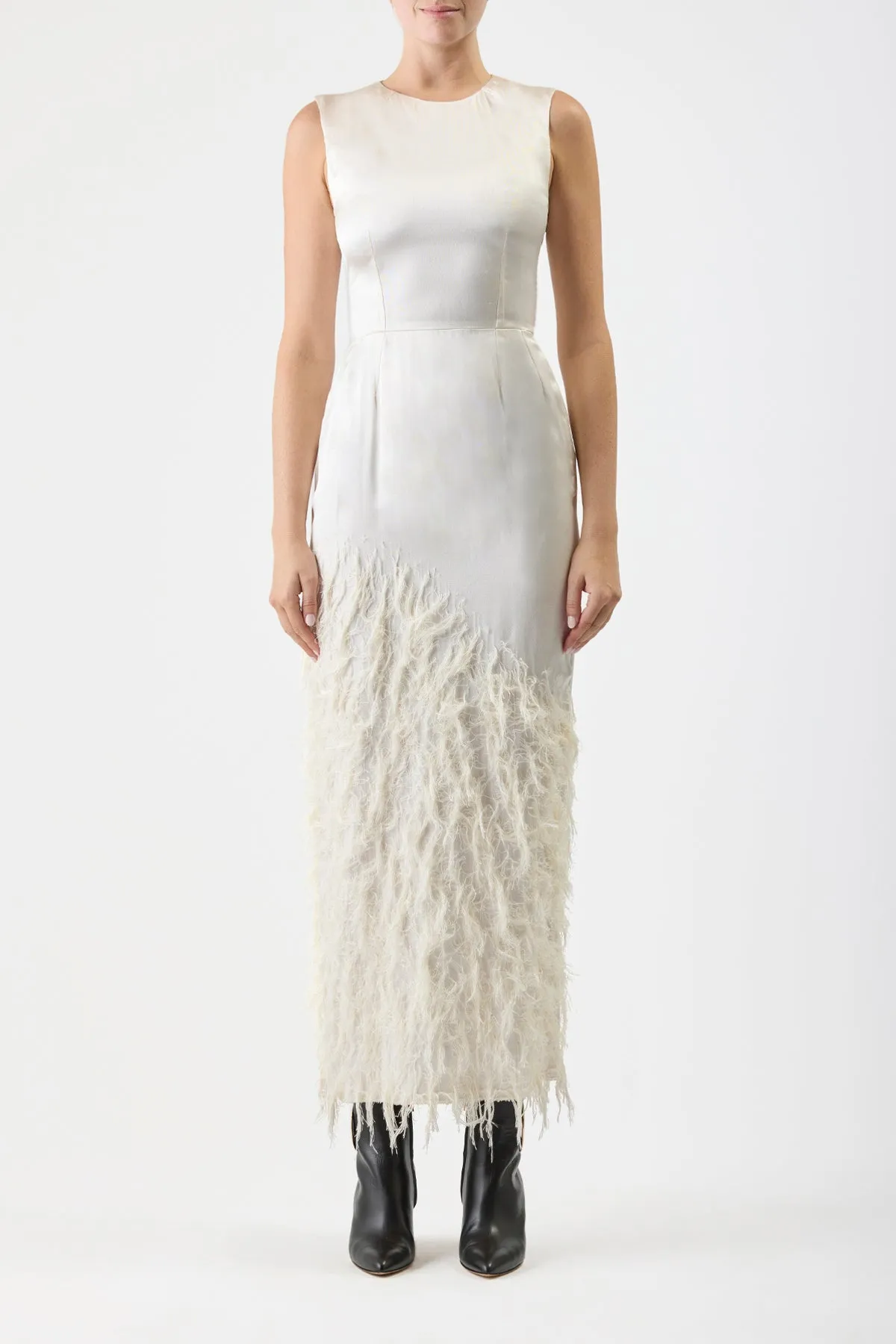 Maslow Feather Maxi Dress in Ivory Silk Satin