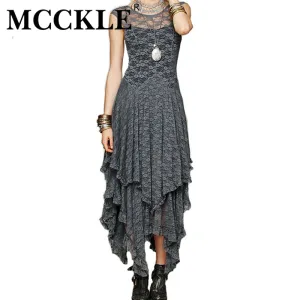 MCCKLE Women's Sleeveless Long Lace Dresses Irregular Plus Size Woman Party Dress With Ruffles Autumn Boho Maxi Vestidos