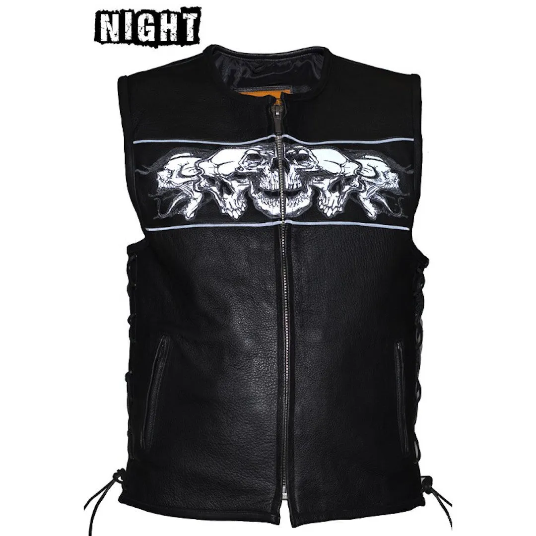 Mens Leather Motorcycle Vest With Reflective Skulls & Gun Pockets