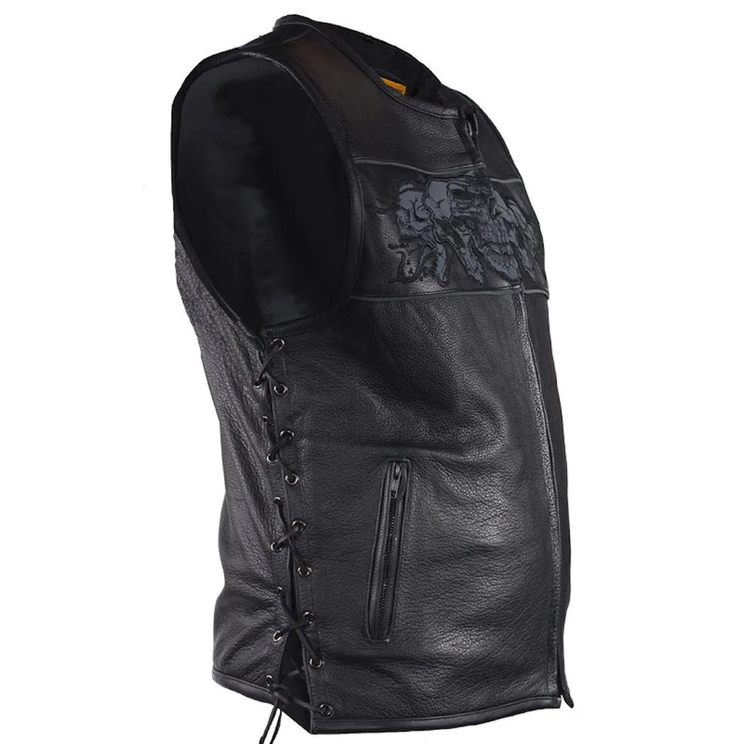 Mens Leather Motorcycle Vest With Reflective Skulls & Gun Pockets