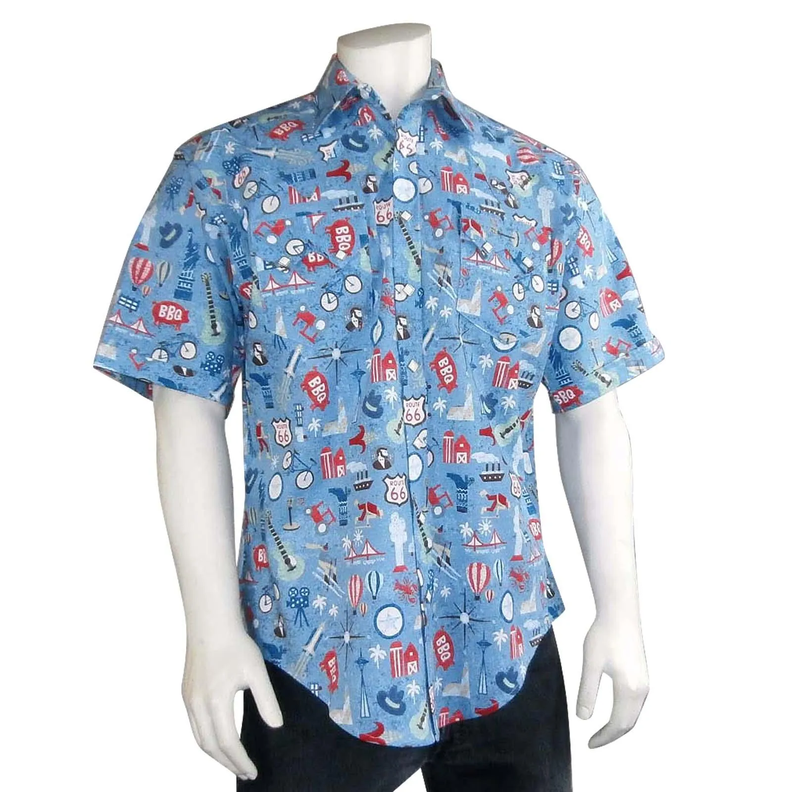 Men’s Route 66 Print Short Sleeve Western Shirt in Blue