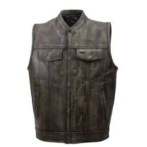 Mens SOA Style Motorcycle Club Distressed Brown Leather Biker Vest Solid Back