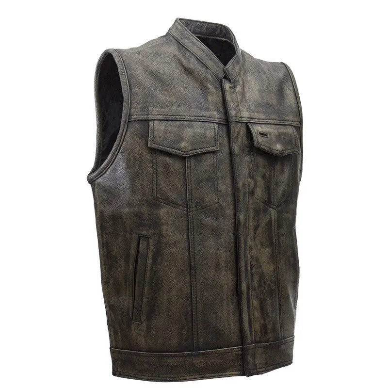 Mens SOA Style Motorcycle Club Distressed Brown Leather Biker Vest Solid Back