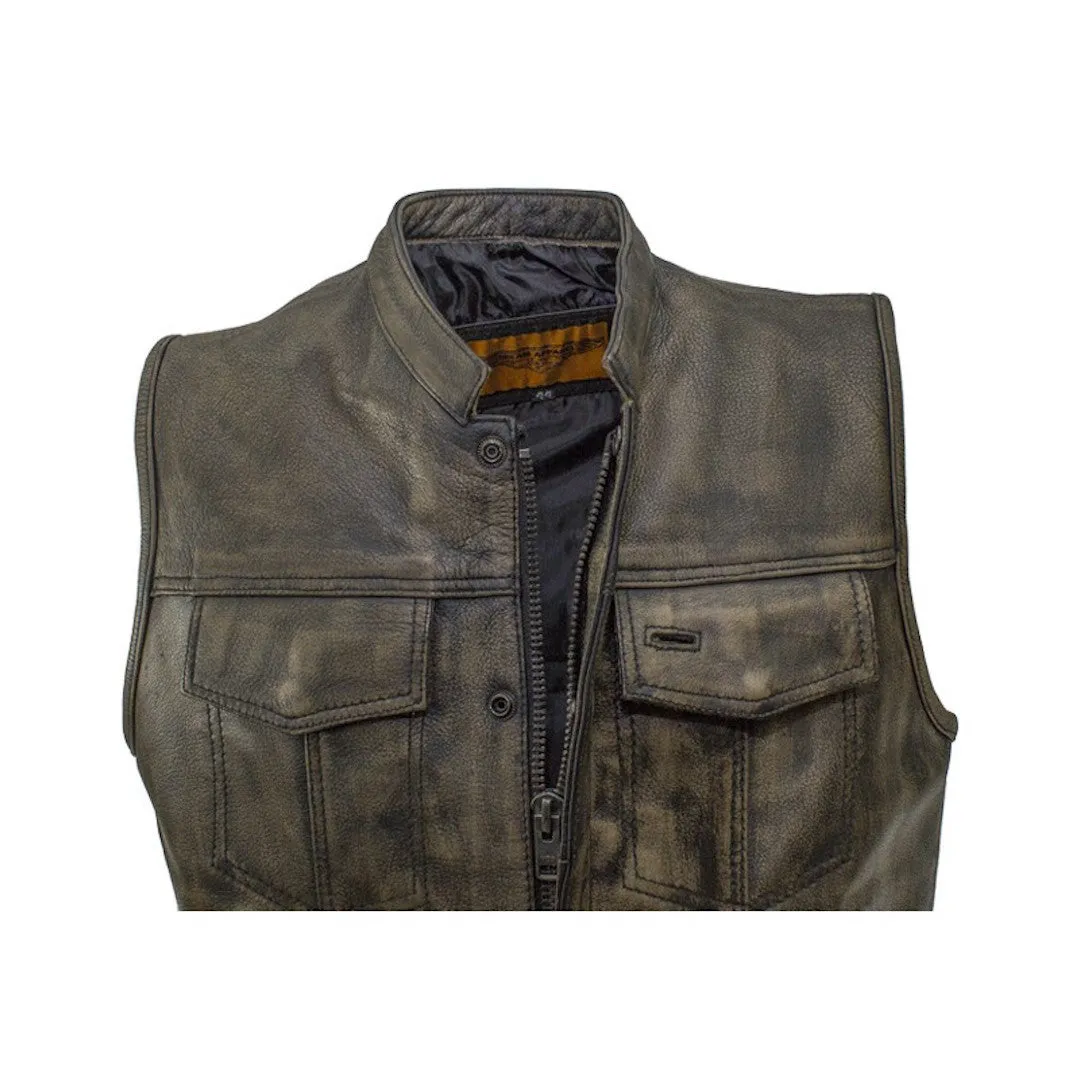 Mens SOA Style Motorcycle Club Distressed Brown Leather Biker Vest Solid Back