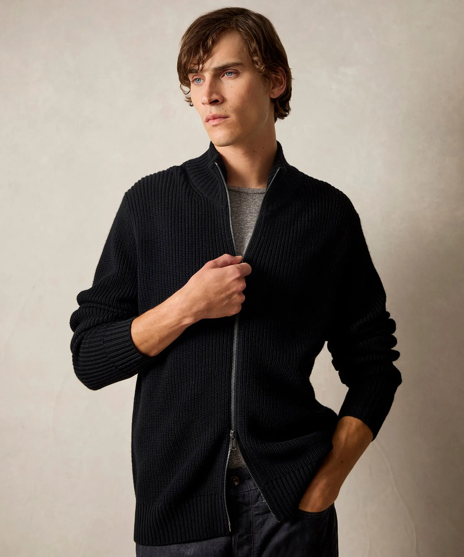 Merino Full-Zip Sweater in Black