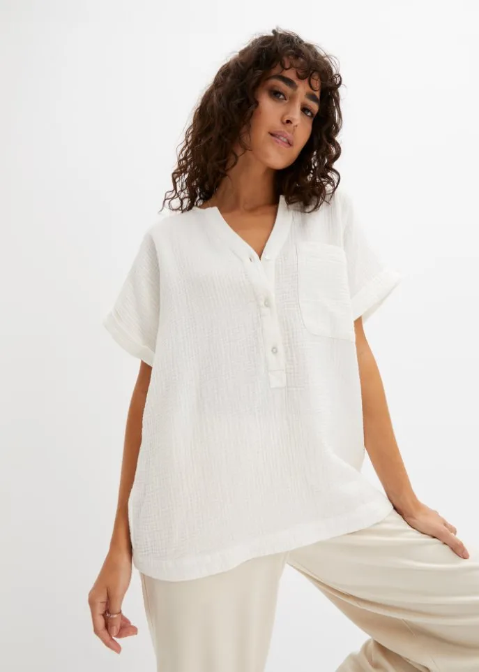 Muslin blouse with button placket and pocket Bpc Bonprix Collection, white