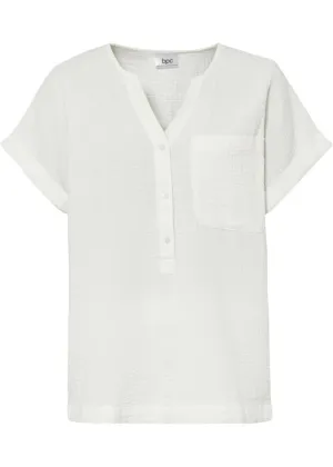 Muslin blouse with button placket and pocket Bpc Bonprix Collection, white