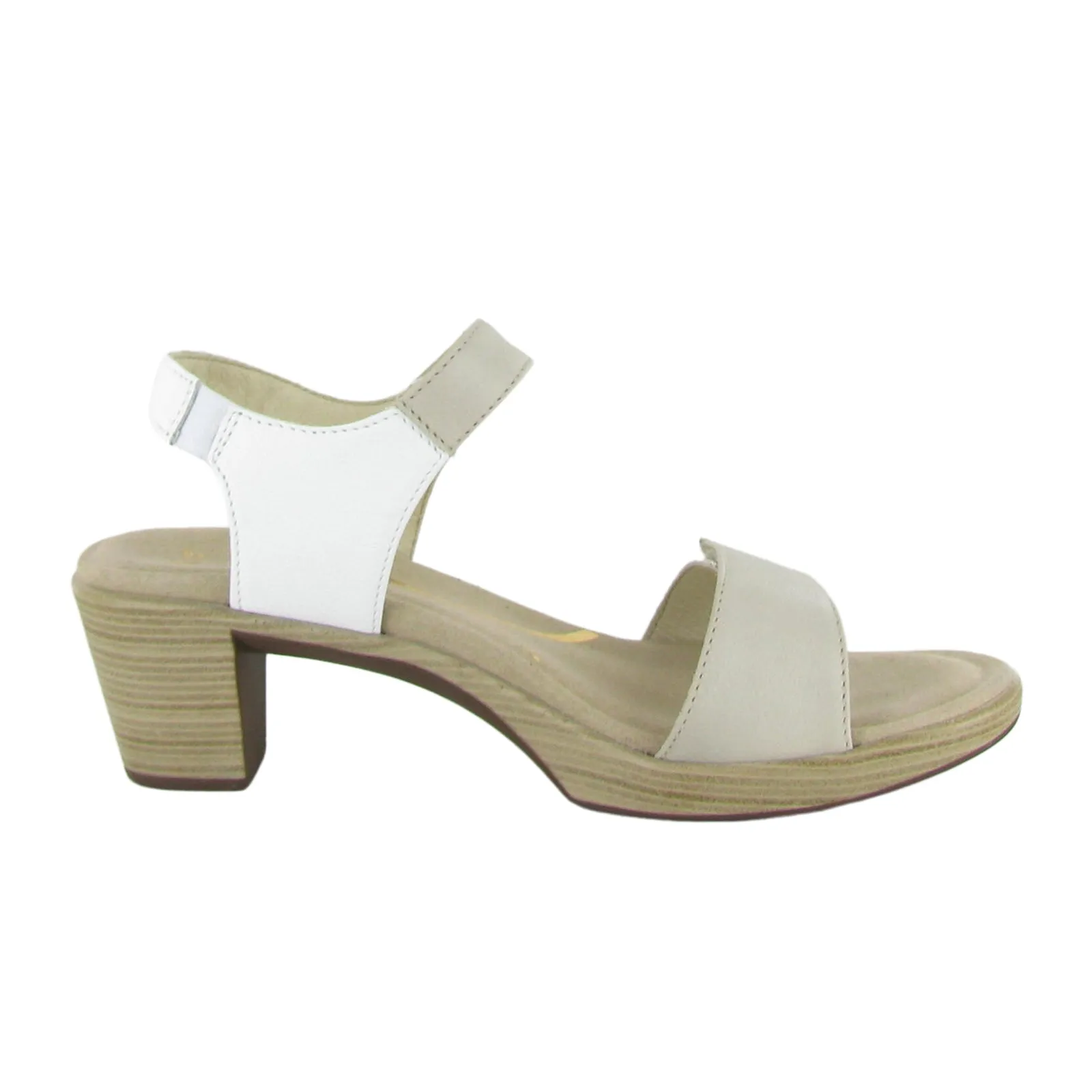 Naot Intact Heeled Sandal (Women) - Soft Ivory Leather/Soft White Leather/Radiant Gold Leather