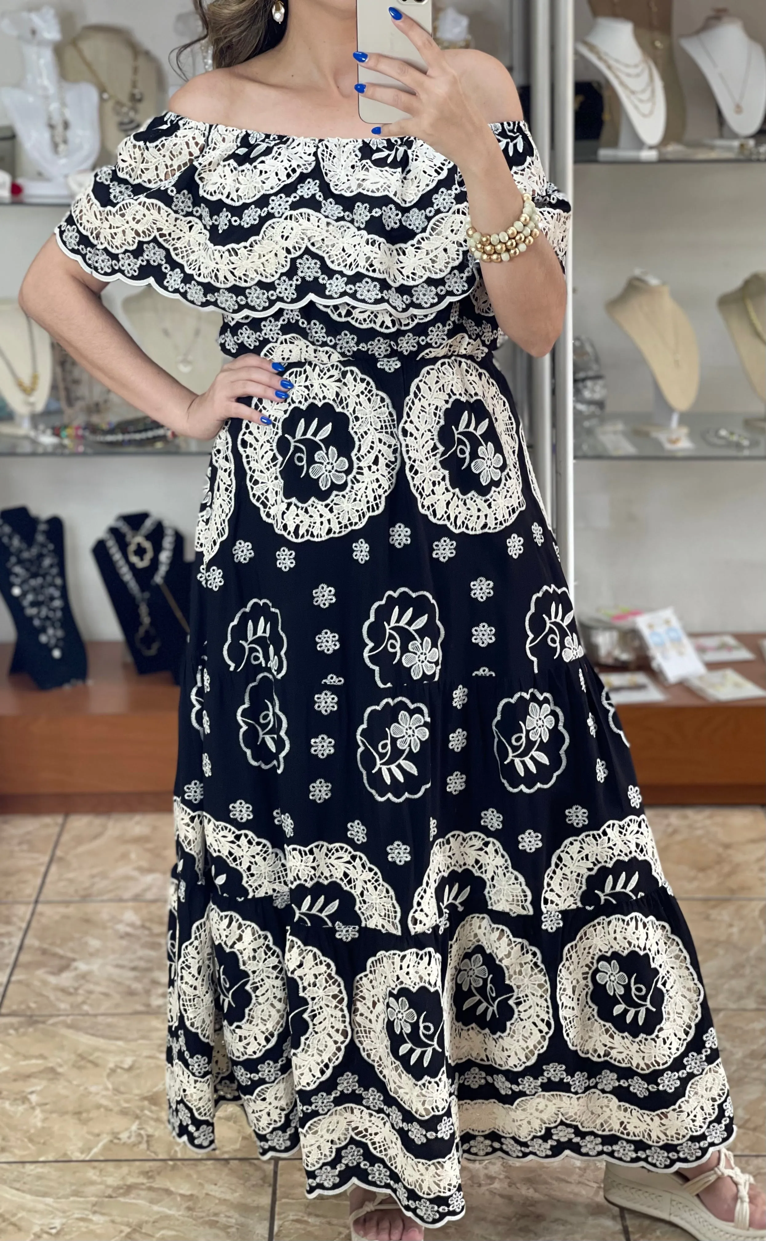 Off Shoulder Embroidered Maxi Dress