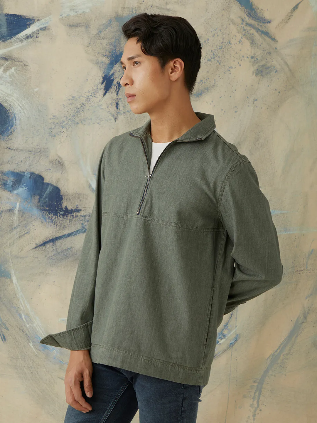 Olive Plain Denim Overshirt