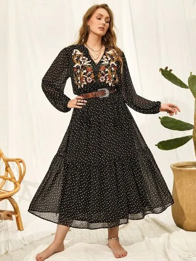 Plus Size Embroidered Tassel Casual Balloon Long Sleeve Midi Maxi Dress