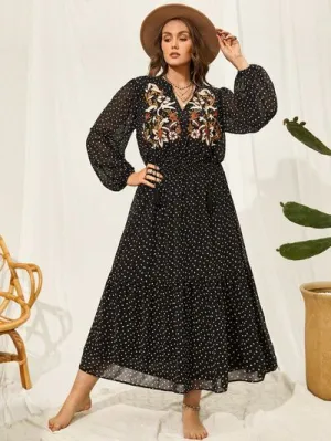 Plus Size Embroidered Tassel Casual Balloon Long Sleeve Midi Maxi Dress