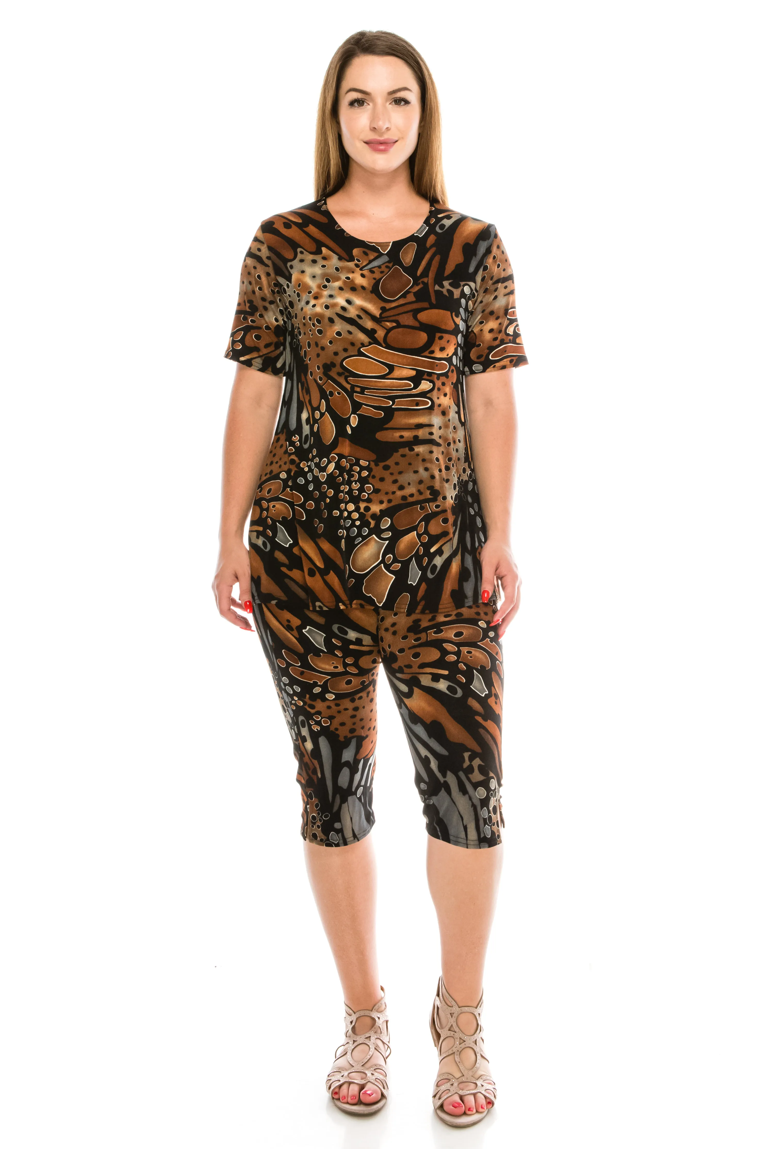 Plus Size Print  Capri Pant Set-9003BN-SXP-W207