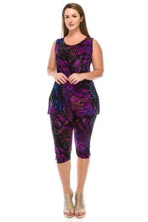 Plus Size Print Sleeveless Capri Pant Set-9002BN-TXP-W207