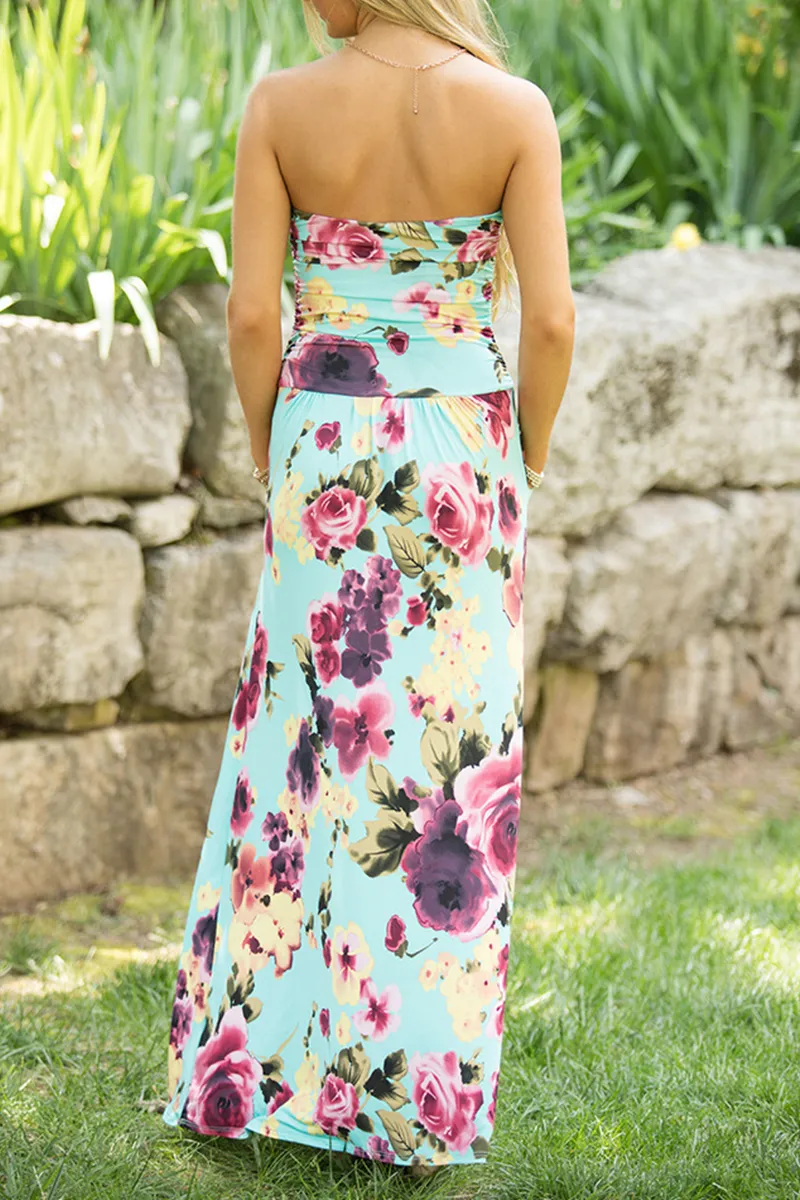 Print Strapless Pockets Maxi Dress