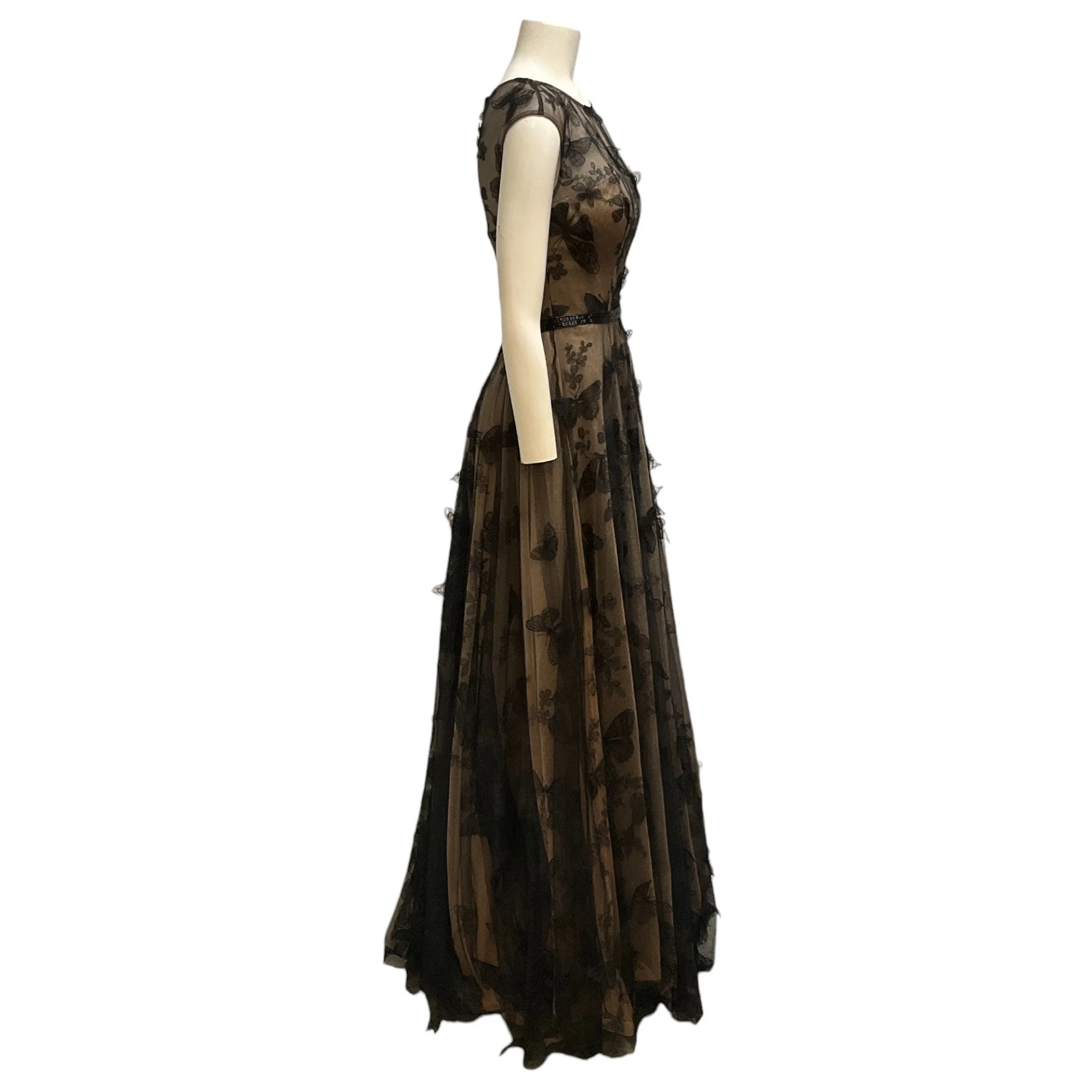 Rene Ruiz Collection Black / Beige Floral Embroidered and Beaded Gown / Formal Dress