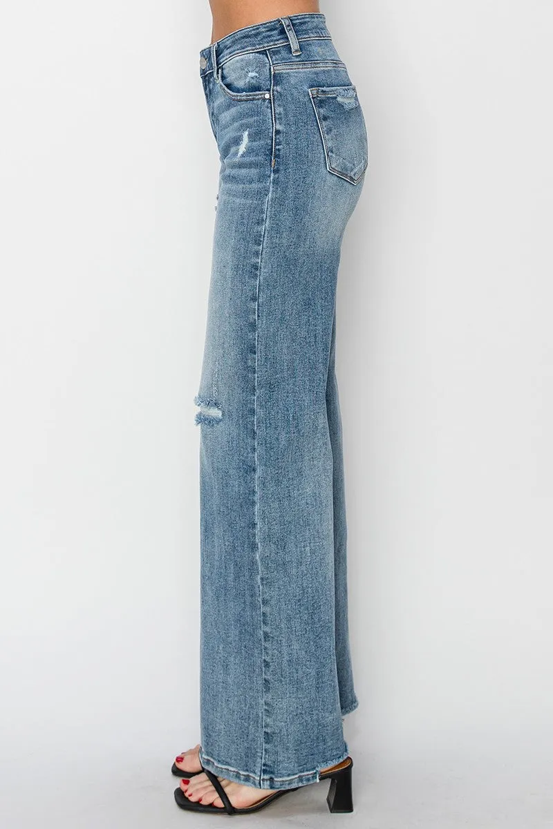 Risen High Rise Vintage Wash Wide Leg Jeans