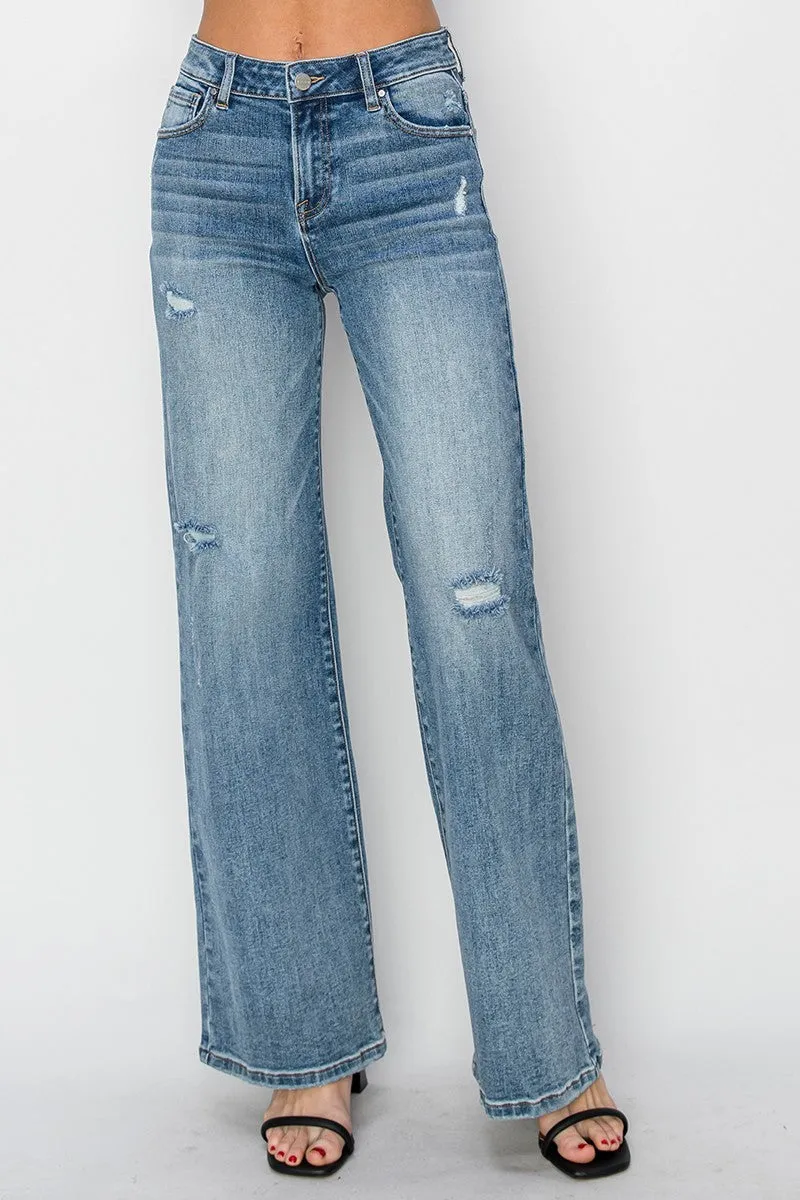 Risen High Rise Vintage Wash Wide Leg Jeans