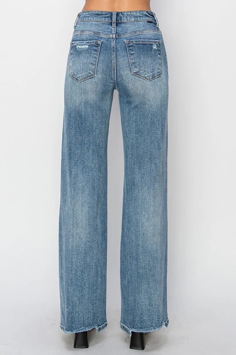 Risen High Rise Vintage Wash Wide Leg Jeans