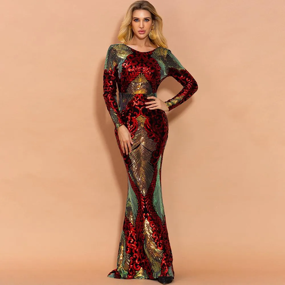 Scarlet Shimmering Brocade Sequin Backless Dress