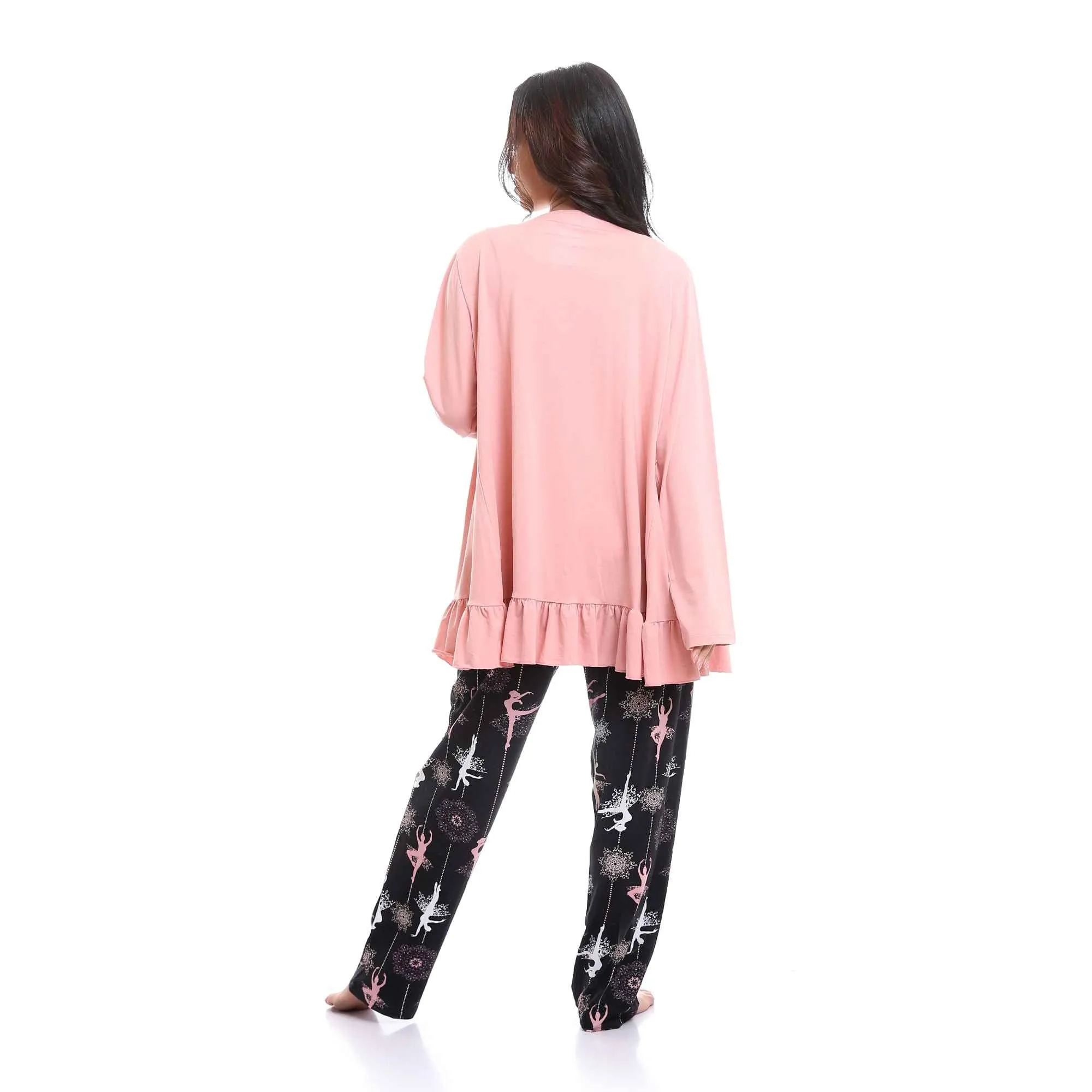 Set Of 3 Robe, Top & Pants Summer Pajama Set for Women - Pink, White & Black