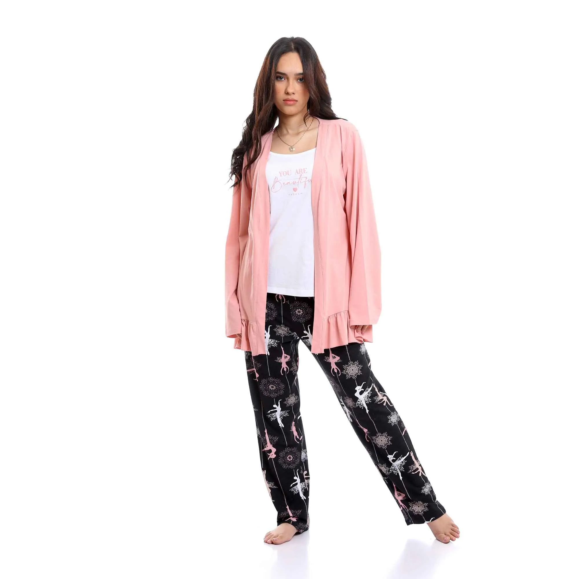 Set Of 3 Robe, Top & Pants Summer Pajama Set for Women - Pink, White & Black